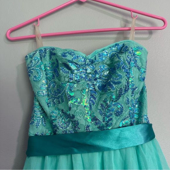 Y2K Teeze Me Dress Strapless Teal Sequined 2000s Lined Size 5 - Picture 2 of 7